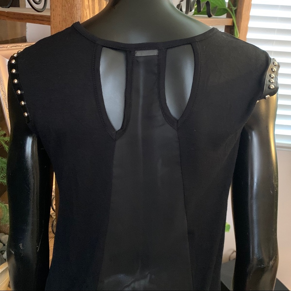 “TIMING” Blouse w/Leather Accents & Sheer Back   Size M. NWOT